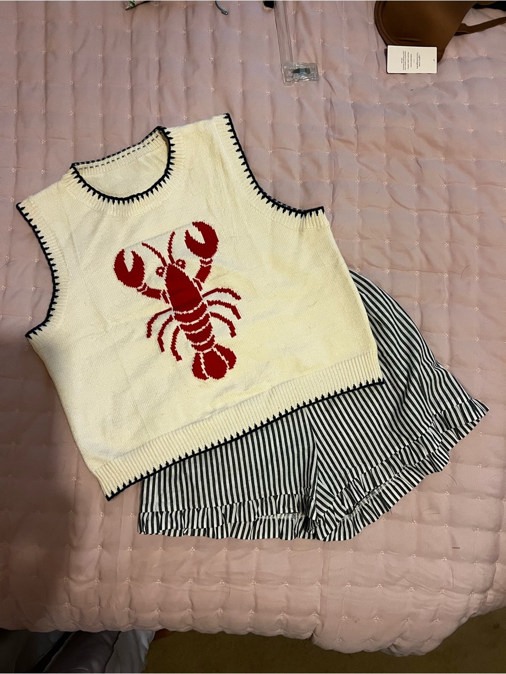 Cream Knit Tank Top with Red Lobster Motif